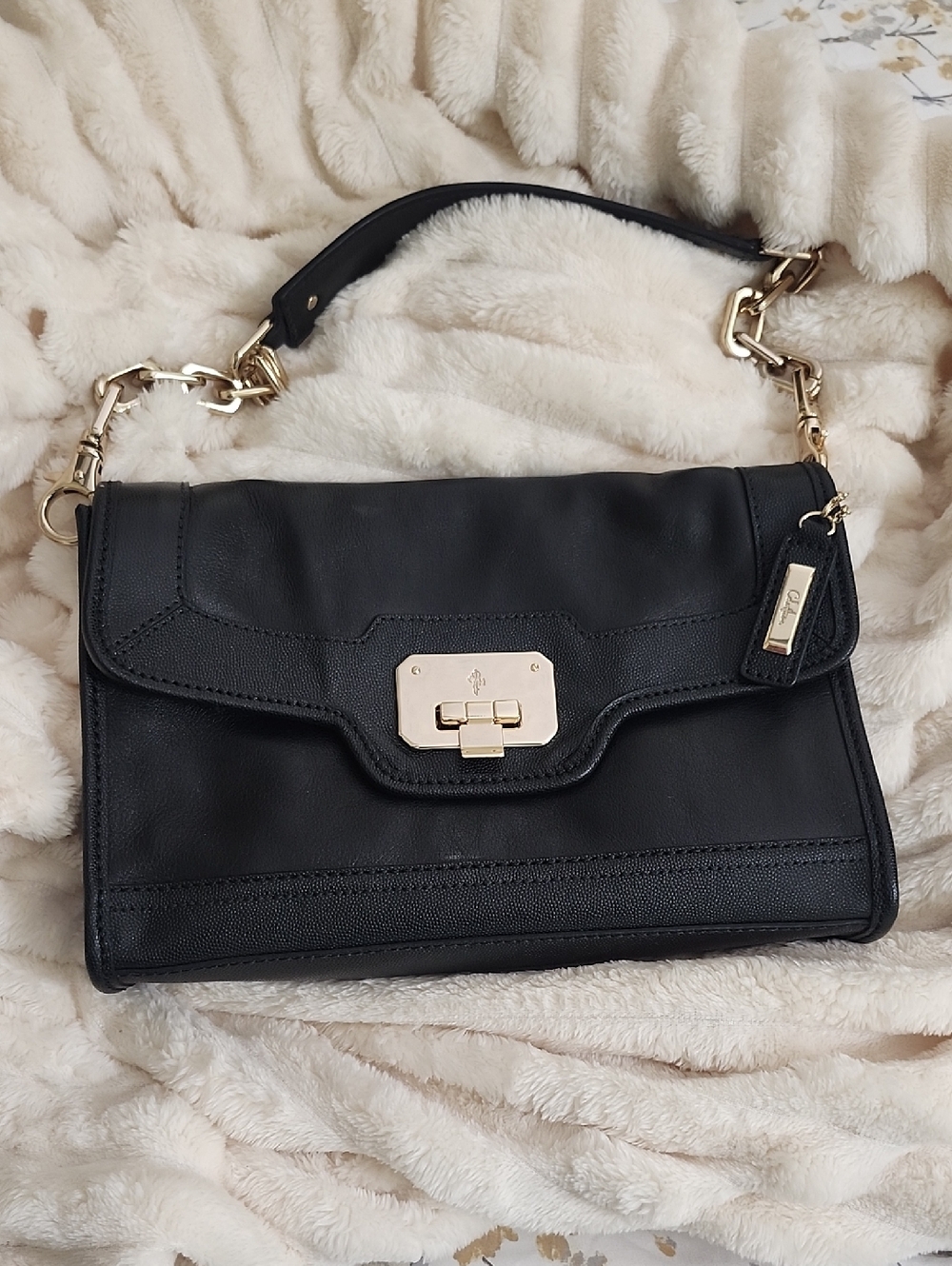 Black Leather Cole Haan Shoulder Bag with Gold Hardware - Designer Style